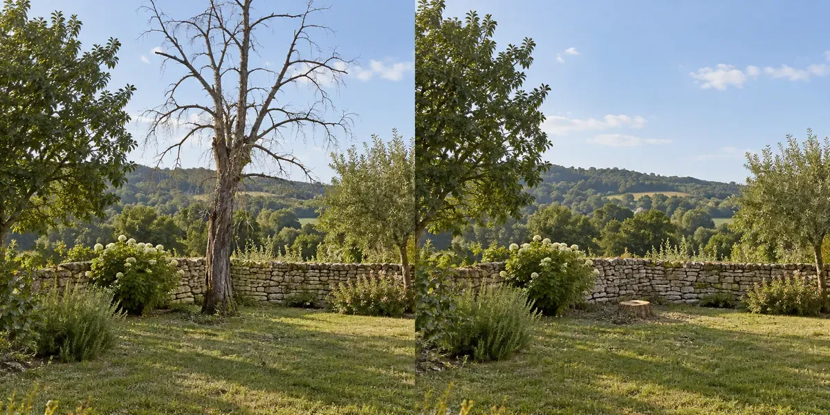 Avant : arbre dépérissant près d’un mur de jardin, photo d’illustration